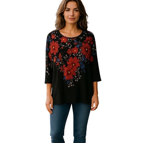 Classic Women's Black Sweater with Red Floral Design, Embellished - Picture 2 of 6
